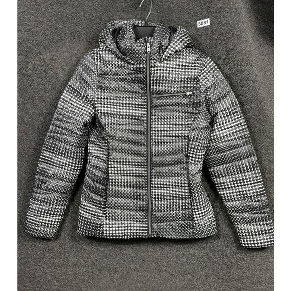 Spyder Down Jacket Womens Small Black White Hooded Puffer Pockets F15 185113 - Picture 1 of 9